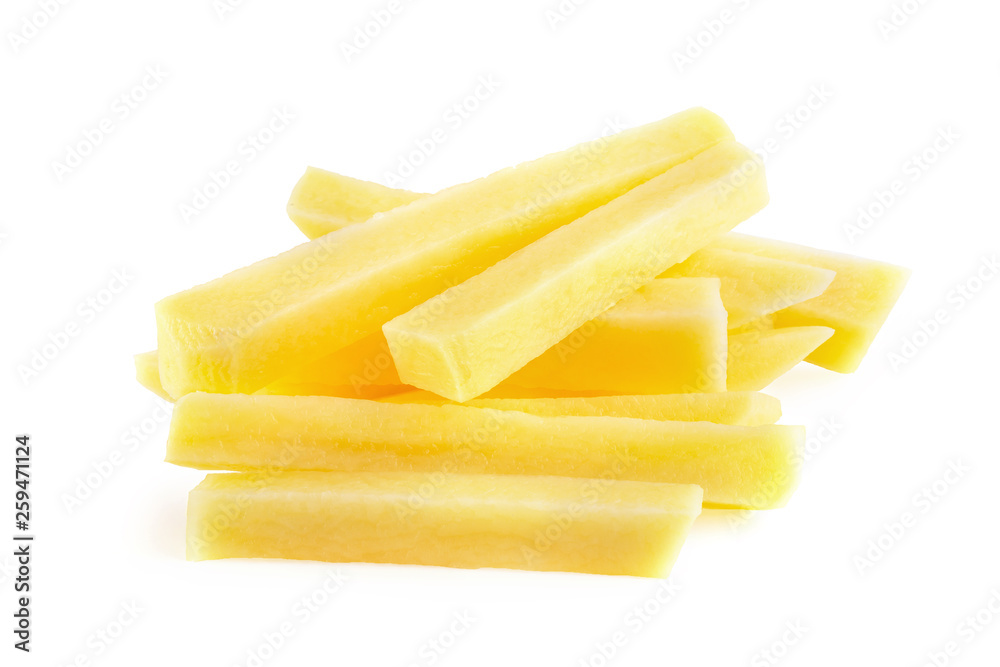 Raw Potato sliced strips prepared for French fries isolated over white background. Raw Potato sliced strips prepared for French fries isolated over white background.