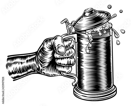 A hand holding a beer stein German Oktoberfest pint tankard mug in a retro vintage intaglio woodcut engraved style