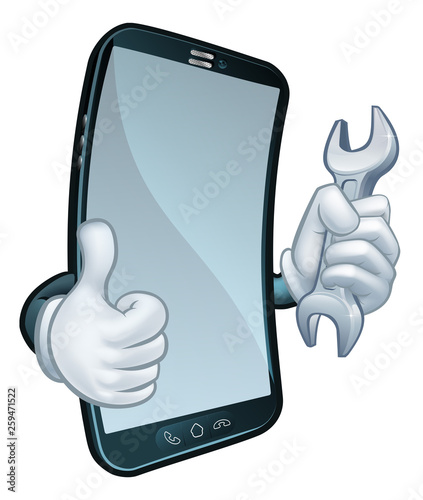 A mobile phone repair service or perhaps plumber or mechanic app cartoon character mascot holding spanner and giving a thumbs up.