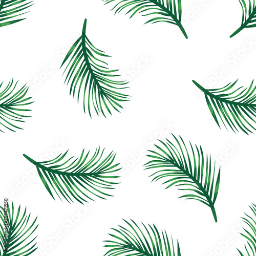 Green branches of tropical palm tree on white pattern background. Branches green palm tree, exotic plants in tropical rainforest. Seamless pattern leaves and foliage. Jungle flora and nature. © babushka_p90
