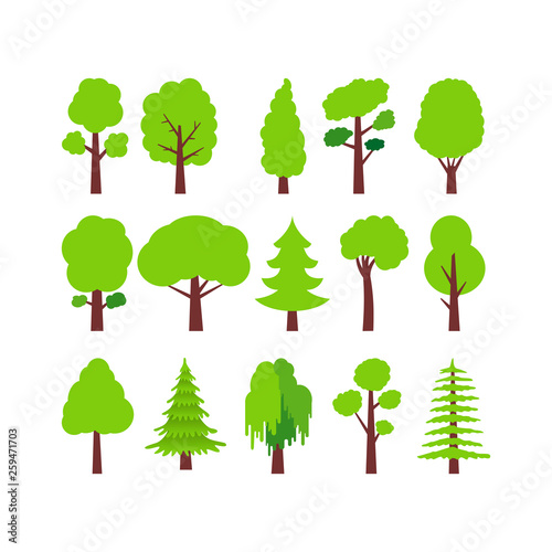 Set of Trees icons of green plants  forest. Vector illustration. Isolated on white background.