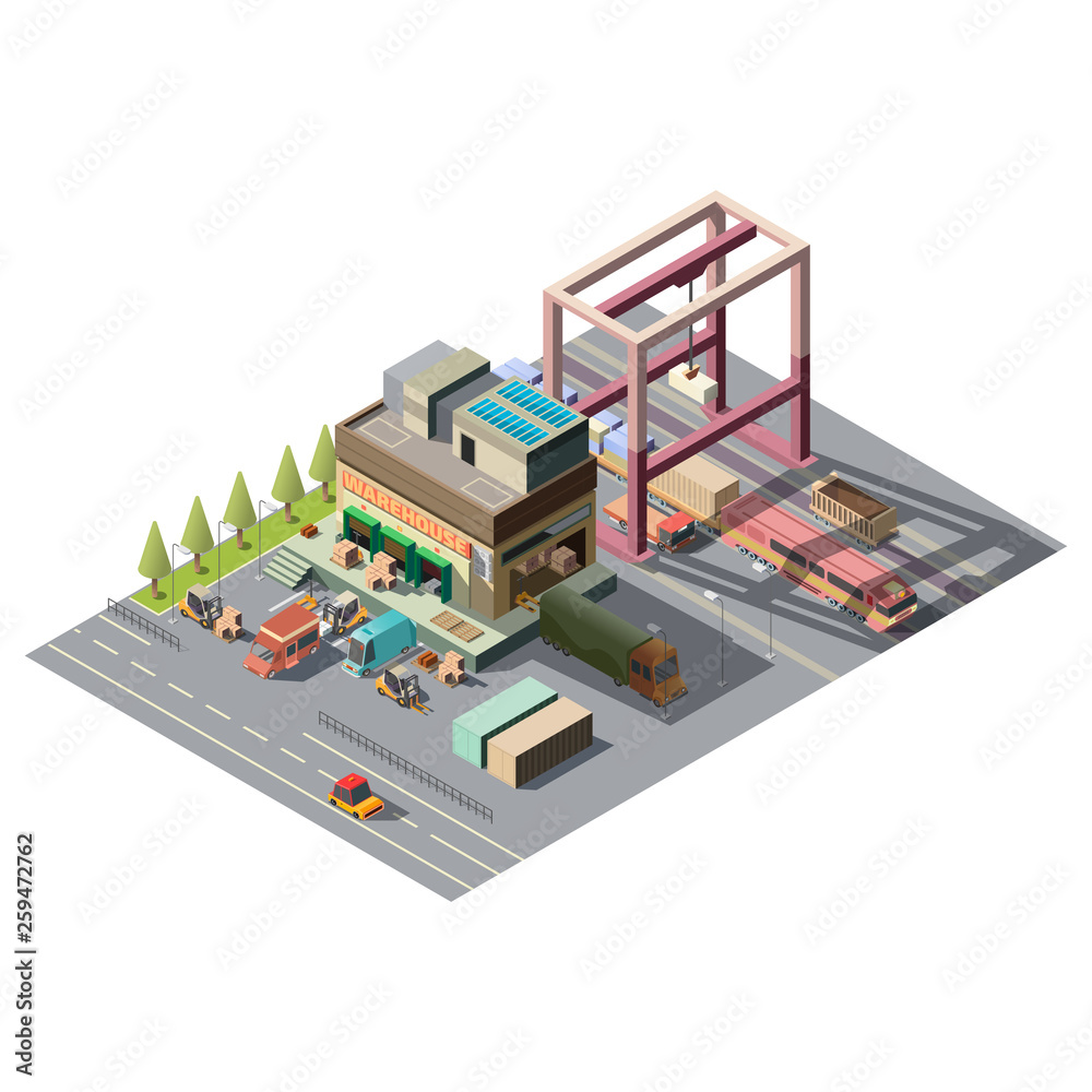 Commercial warehouse building with loading, unloading cargo vehicles near roll gates isometric vector isolated on white background. Delivery, postal service depot. City map cartography design element