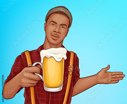 African-american bartender, bar or pub visitor with glass pint of fresh and foamed bear or ale welcoming, inviting guests pop art vector illustration. Craft beer festival promotion banner template