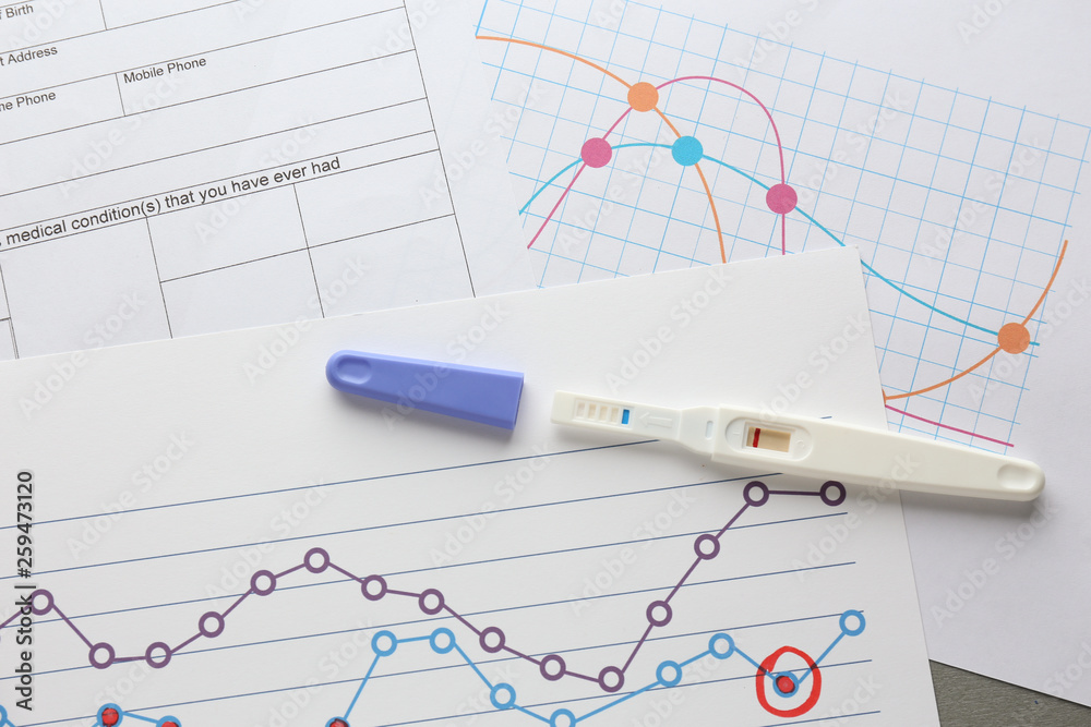 Calendars of ovulation and pregnancy test on table