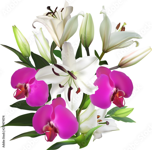 lily and orchid flowers bunch isolated on white