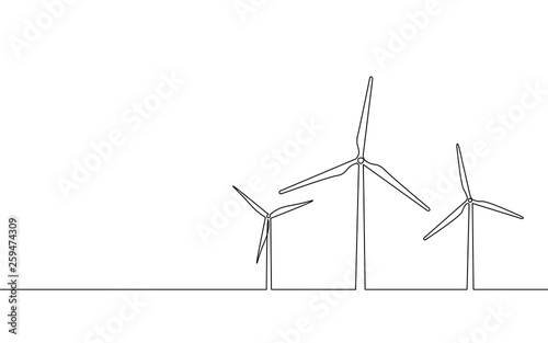 Single continuous line art wind generator. Save ecology green energy electricity. Windmill tower one sketch outline drawing vector illustration