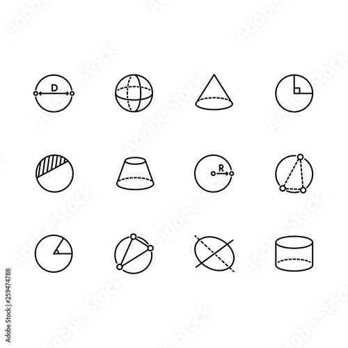 Simple set geometric figures illustration line icon. Contains such icons circle, sphere, cylinder, cone, pyramid, radius, degree of angle and other.