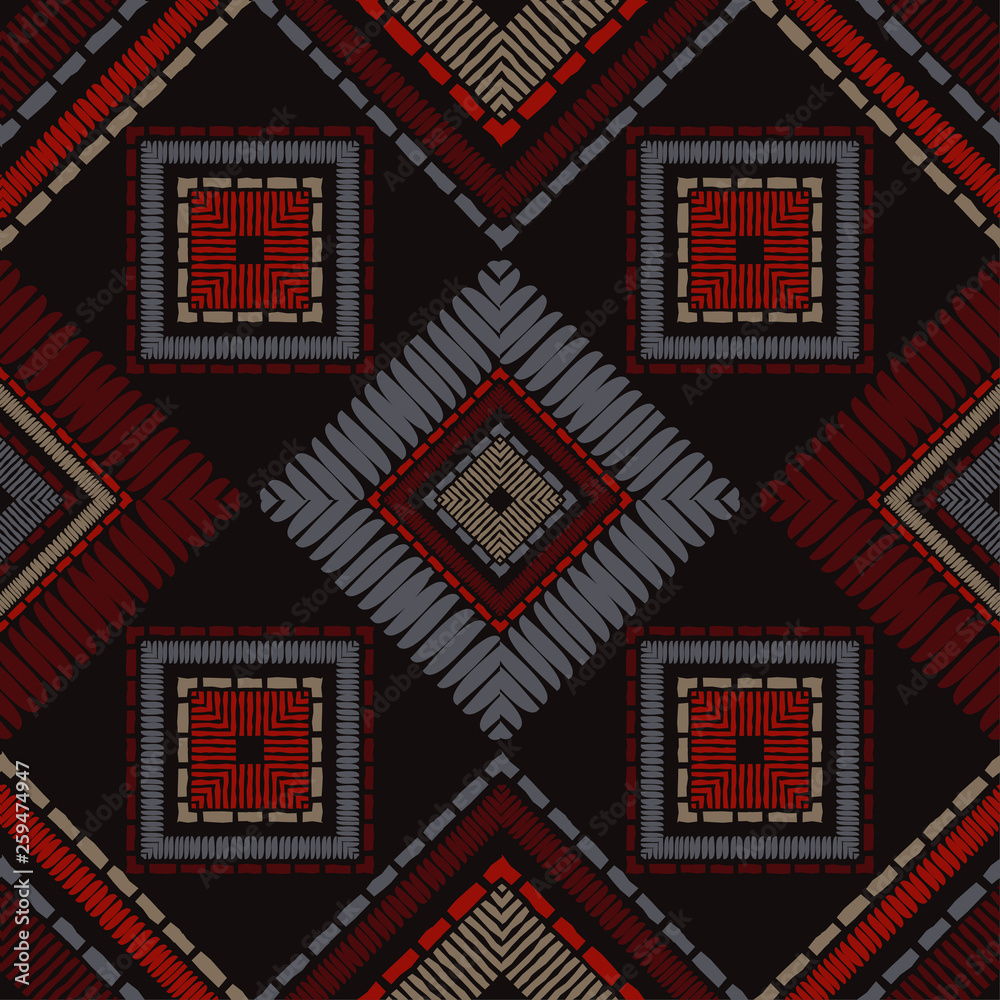 Ethnic boho seamless pattern. Embroidery on fabric. Patchwork texture. Weaving. Traditional ornament. Tribal pattern. Folk motif. Can be used for wallpaper, textile, invitation card, wrapping, web pag