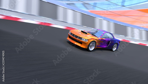 Sports car rides on the ring track. 3d illustration
