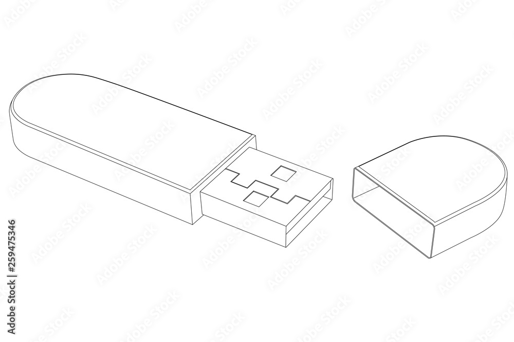 USB flash drive with cap. Outline drawing USB flash drive with cap. Outline drawing