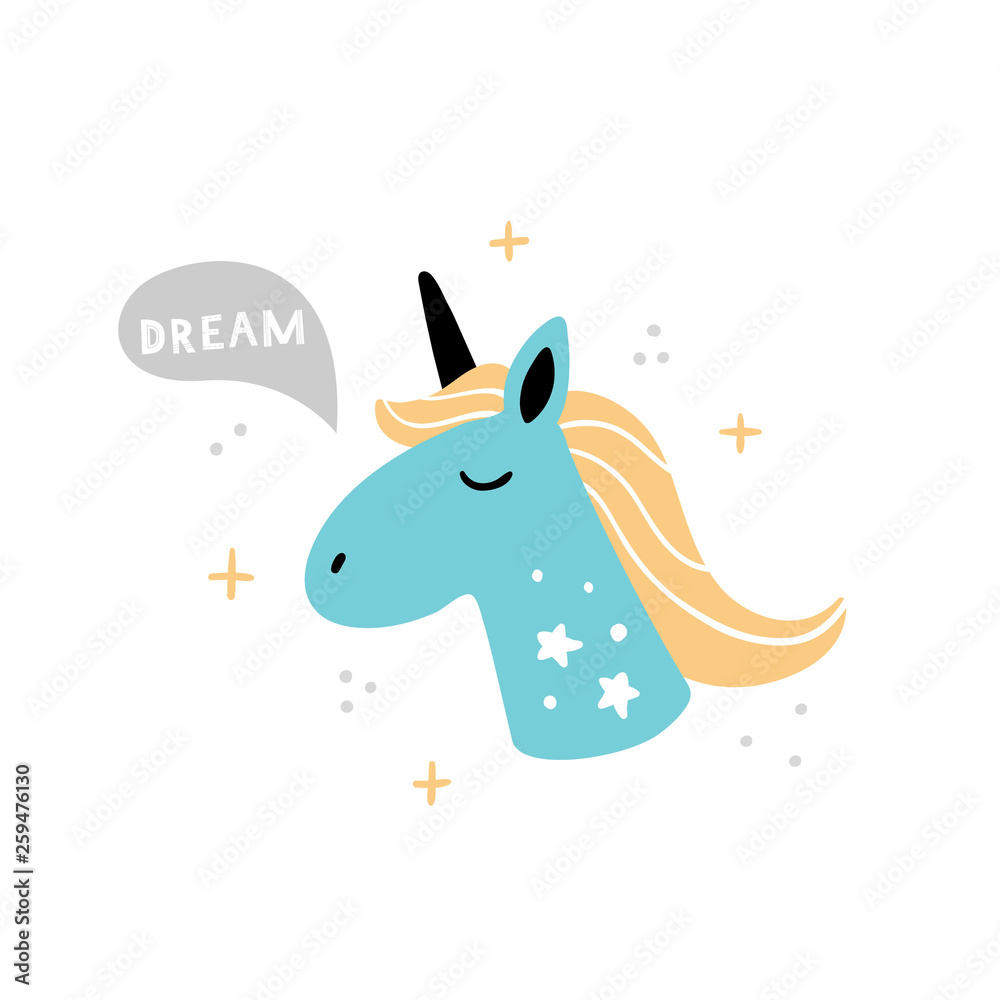 Beautiful hand-drawn Unicorn Face. Doodle cartoon illustration with text and magic. Vector. Good for children's games, t-shirt, books or cards.