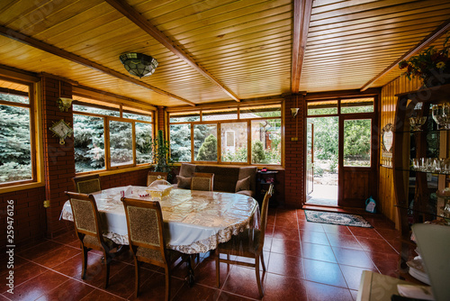 Dining table in the kitchen in a country house