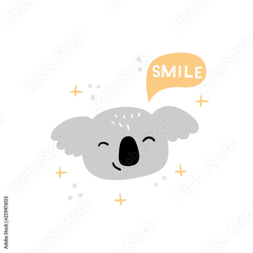 Happy Koala Face with text. Hand-drawn cartoon illustration. Vector. Good for children's games, t-shirt, books, banners or cards.