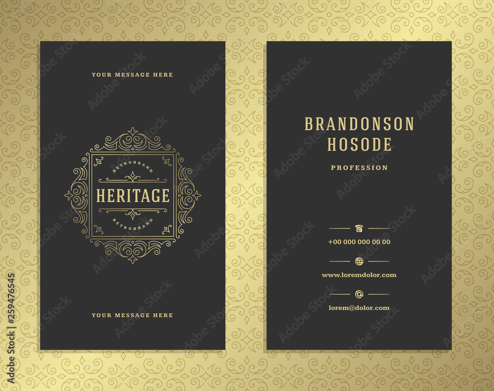 Luxury business card and golden vintage ornament logo vector template.