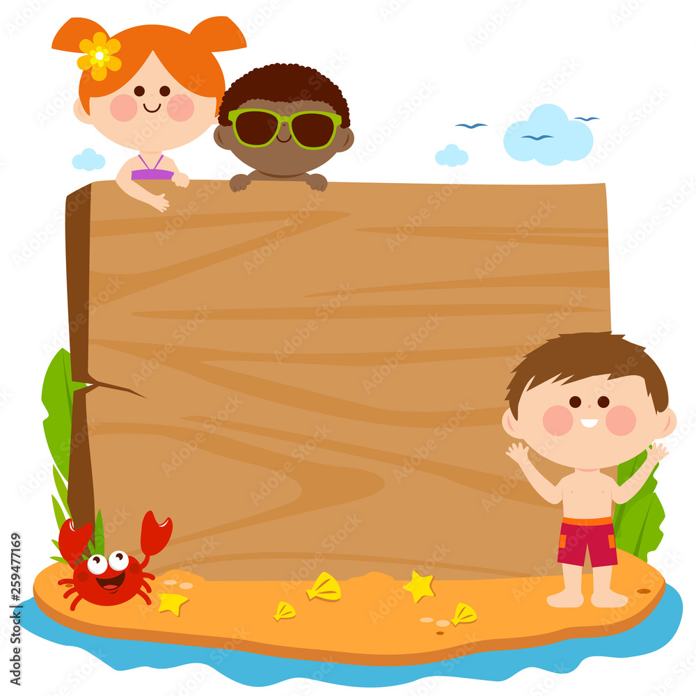 Fototapeta premium Children at the summer beach and blank wooden sign. Vector illustration