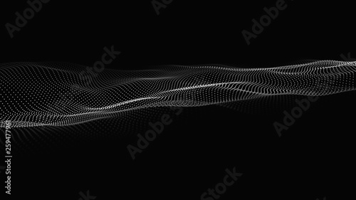 Wave of particles. Futuristic point wave. Vector illustration. Abstract background with a dynamic wave. Wave 3d