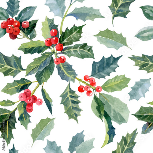 Seamless pattern with watercolor christmas holly and red berries photo