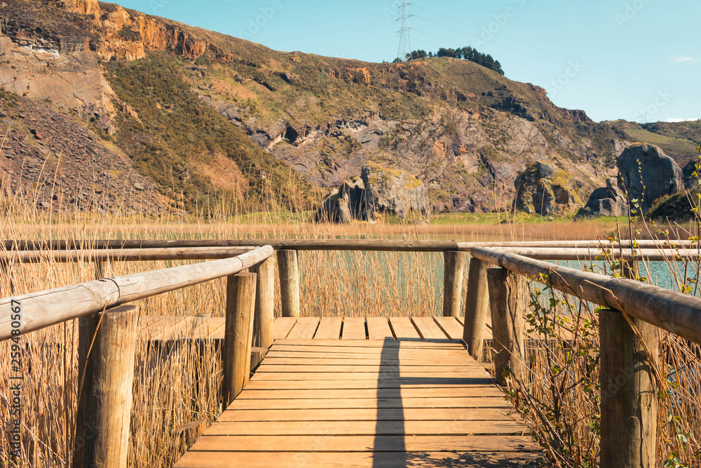 wooden footbridge on a lake, la arboleda, basque country