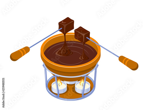 Isometric Vector Chocolate Fondue with a candle on a white background. Capacity, two forks, two pieces of bread and chocolate. Vector illustration