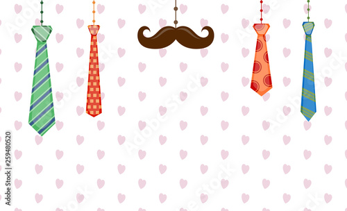 Greetings for father's day holiday. Different ties and mustache on the background of pink hearts. Holidaycard photo