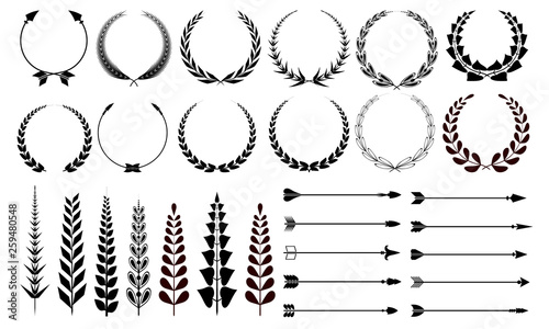 Set of design elements. Arrows, wreaths, floral elements. Vector elements for the design of cards, sites, banners