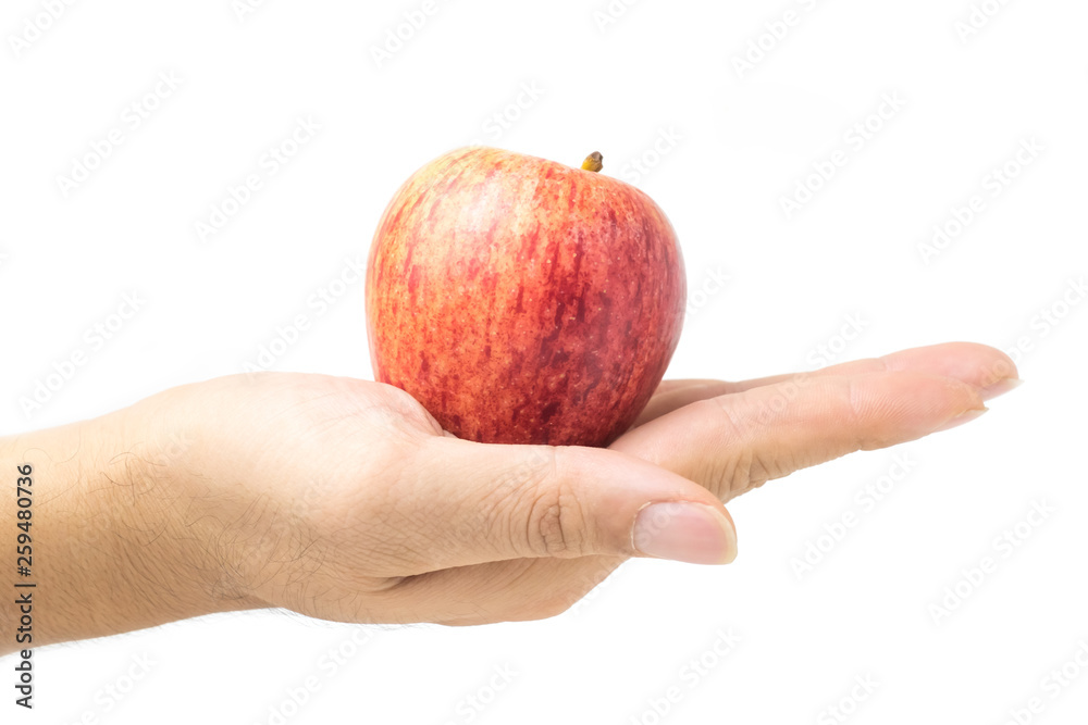 Man hands holding Royal Gala Apple. isolated on white background and clipping path. Man hands holding Royal Gala Apple. isolated on white background and clipping path.