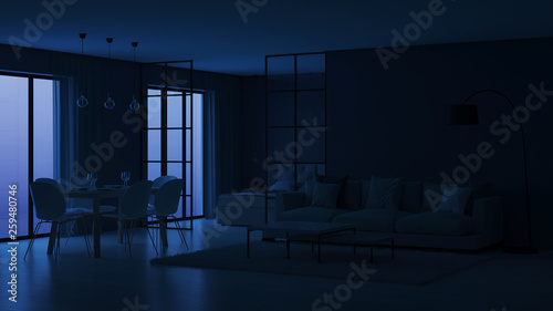 Modern house interior. Bedroom behind glass partitions. Night. Evening lighting. 3D rendering.