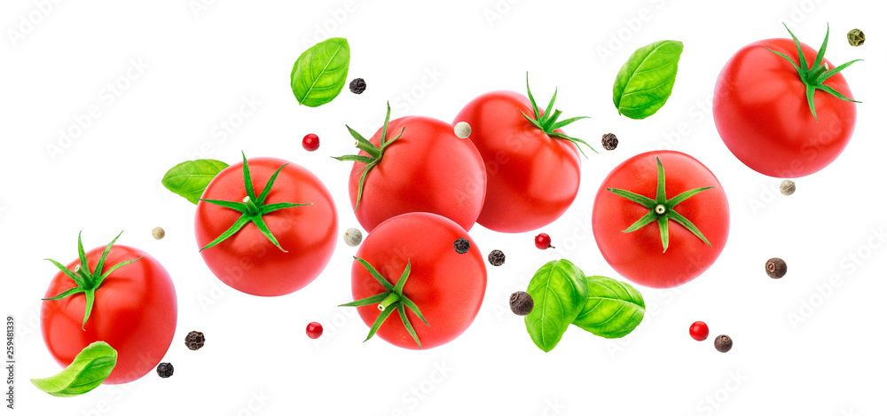 Falling tomatoes salad isolated on white background with clipping path, flying fresh vegetables ingredient Falling tomatoes salad isolated on white background with clipping path, flying fresh vegetables ingredient