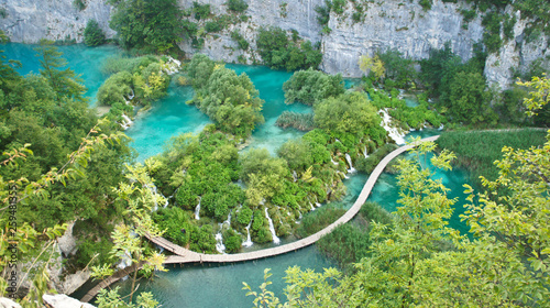 Top view of waterfalls and wooden ways in National Park Plitvice Lakes, Croatia