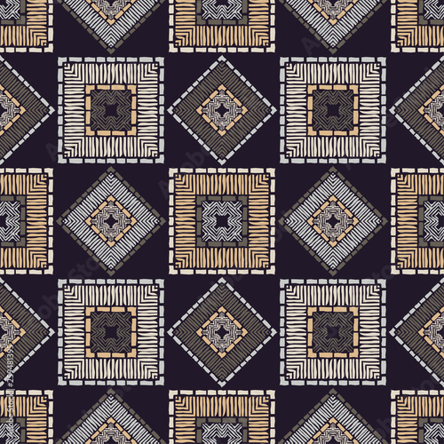 Ethnic boho seamless pattern. Embroidery on fabric. Patchwork texture. Weaving. Traditional ornament. Tribal pattern. Folk motif. Can be used for wallpaper, textile, invitation card, wrapping, web pag