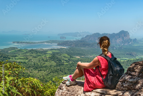 Woman relaxing at mountain top in Thailand