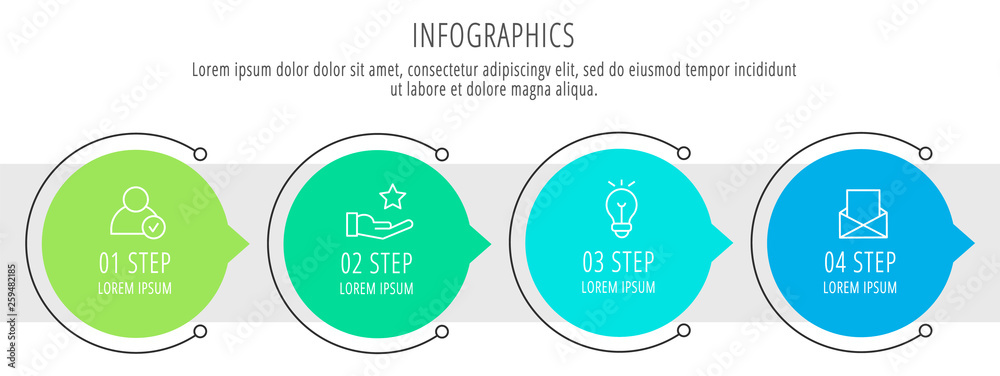 Modern line vector illustration. Infographic circles template with four elements, sectors, icons. Timeline designed for business, presentations, web design, workflow layout, diagrams with 4 steps Modern line vector illustration. Infographic circles template with four elements, sectors, icons. Timeline designed for business, presentations, web design, workflow layout, diagrams with 4 steps