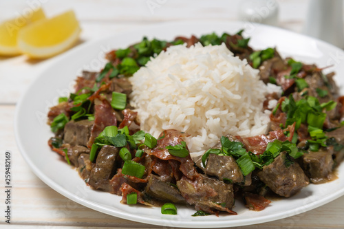 Braised liver with chorizo sausage.  