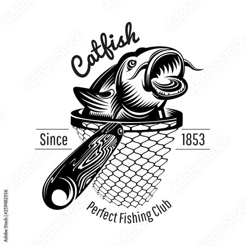 Catfish head up from landing net in engraving style. Logo for fishing or fishing shop isolated on white