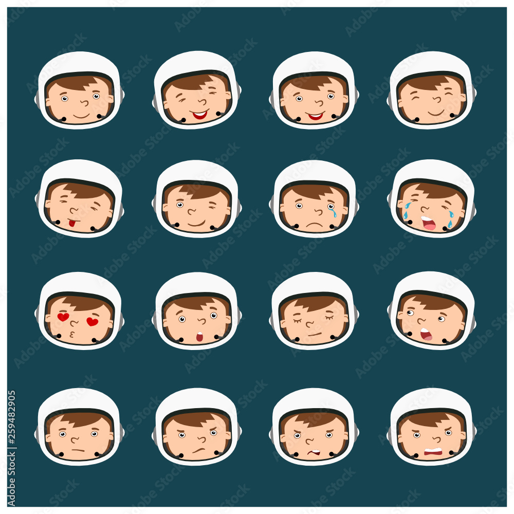 Set of astronaut face expressions in a helmet in cartoon style with different emotions isolated on dark background. Set of astronaut face expressions in a helmet in cartoon style with different emotions isolated on dark background.