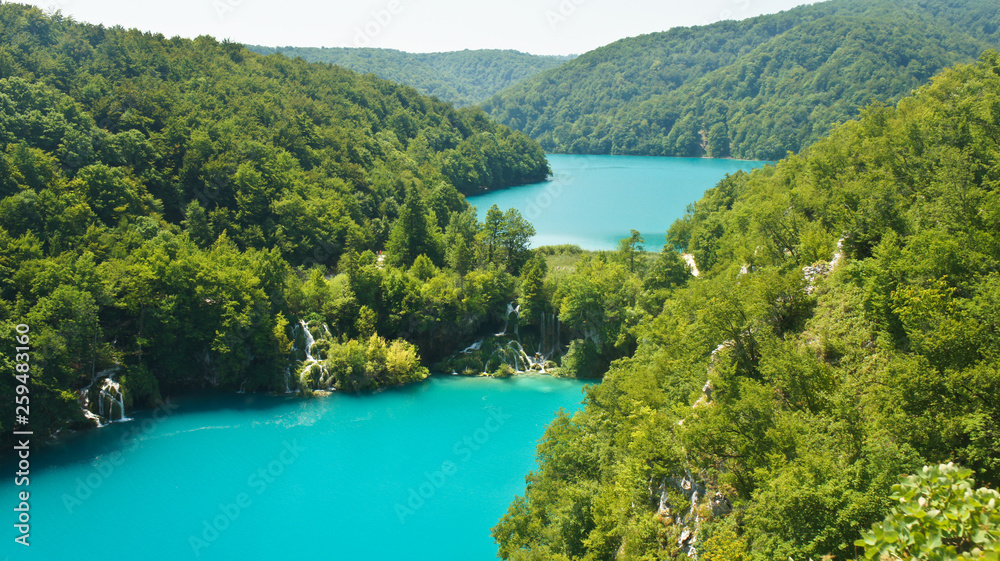 Aerial scenic view of Plitvice Lakes, National Park in Croatia, sunny day
