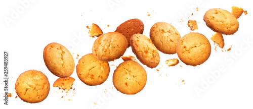 Falling broken chip cookies isolated on white background with clipping path photo