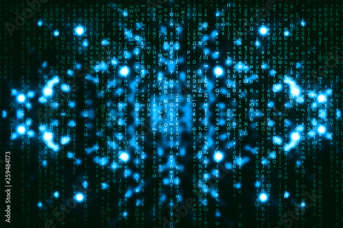 Wallpaper Mural Blue green matrix digital background. Abstract cyberspace concept. Green characters fall down. Matrix from symbols stream. Virtual reality design. Complex algorithm data hacking. Cyan digital sparks. Torontodigital.ca