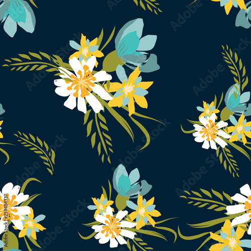 Seamless pattern with small flowers on a dark background. Modern and Trendy fashionable floral texture for fabric, wallpaper, interior, tiles, print, textiles, packaging and various types of design © Maria Cherevan