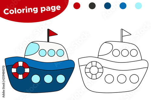 Vector coloring page cartoon ship. Educational game for preschool kids.