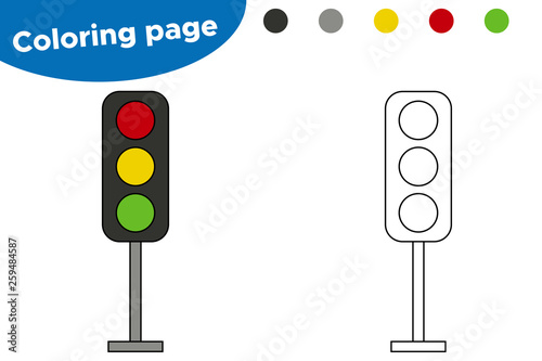 Vector coloring page cartoon traffic light. Educational game for preschool kids. Learning colors.