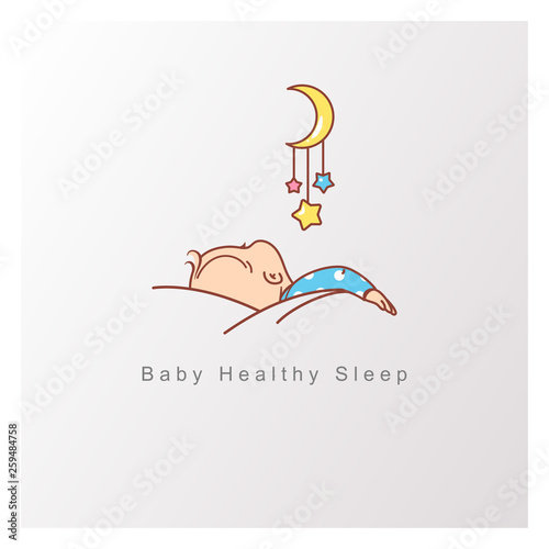 Baby sleep logo template. Healthy baby sleep at night. Child sleep on pillow under blanket, crib with mobile. View from back. Toy hang over sleeping baby. Design template. Color vector illustration.
