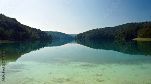 Crystal water and landscape with hills, Plitvice Lakes in Croatia, National Park