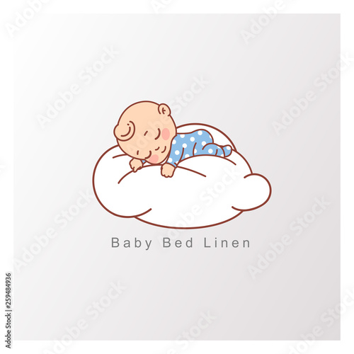 Little baby boy in blue pajamas  sleep peacefully on soft white cloud. Pillow and blanket for child. Template for logotype for healthy sleep, baby bed clothes, linen. Color vector illustration.