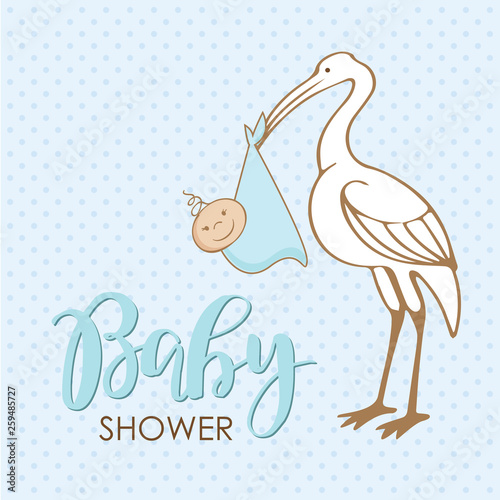 Cartoon stork with baby. Design template for greeting card, baby shower invitation, banner. Congratulations to the newborn. Vector illustration in flat style.