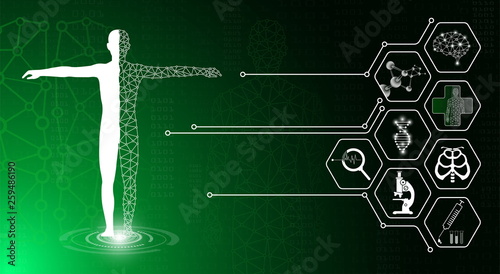 abstract background technology concept in green light,human body heal,technology modern medical science in future and global international medical with tests analysis clone DNA human