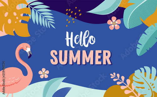 Hello Summer, vector banner design with flamingo and tropical leaves