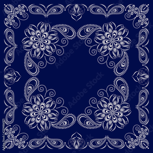 Bandana paisley design - blue and white  ornament. Traditional ethnic floral pattern. Vector print square.