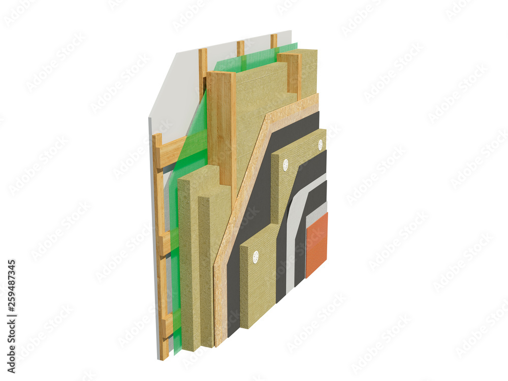 3d render image of insulated frame house wall. Detailed concept of insulation, showing all layers. 3d render image of insulated frame house wall. Detailed concept of insulation, showing all layers.