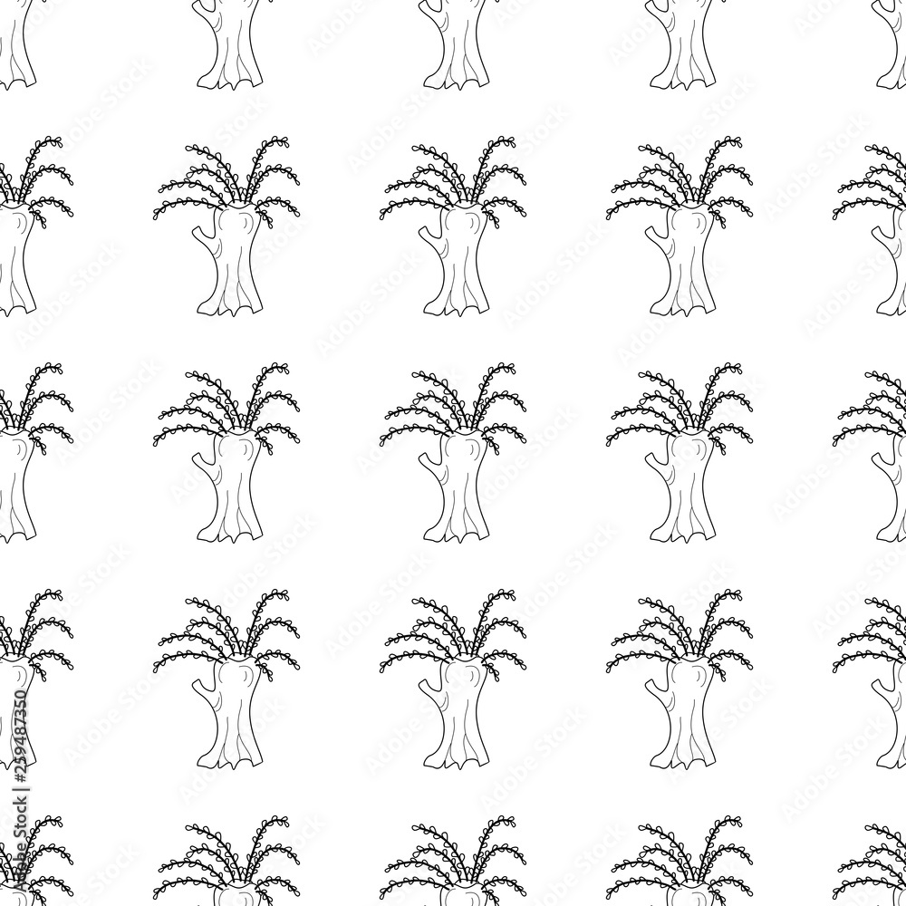 Fototapeta premium Hand drawn pussy willow trees, seamless vector pattern. Black and white line art.